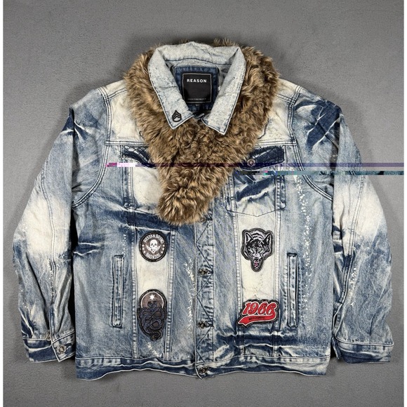 Reason Other - Reason Mulberry Moto Mens Acid Wash Graphic Denim Jacket 2XL Faux Fur Blue